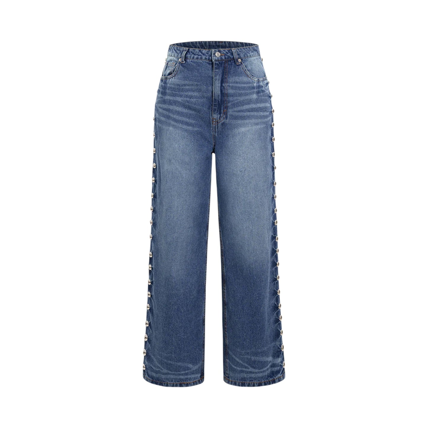 Women’s Blue Denim Jeans with Rivet Detail Loose Fit, Non-Stretch