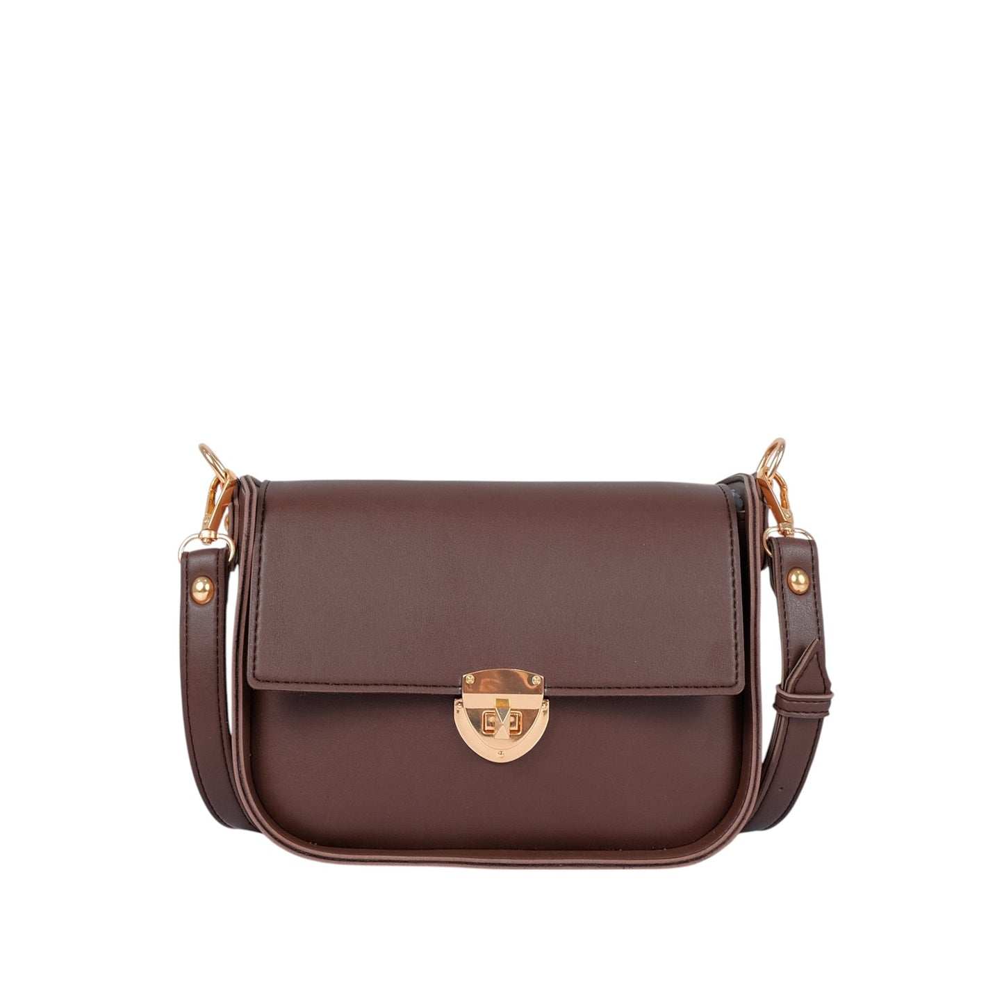 Brown Faux Leather Saddle Bag With Twist Lock
