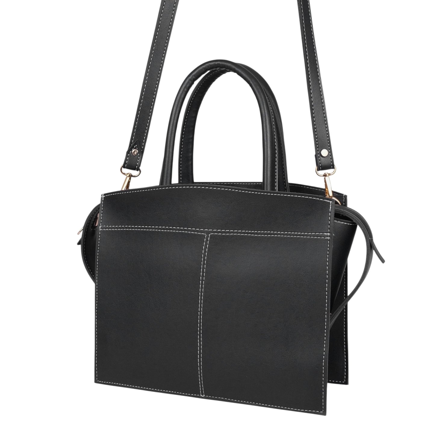 Black Leather Trapeze Top-Handle Bag