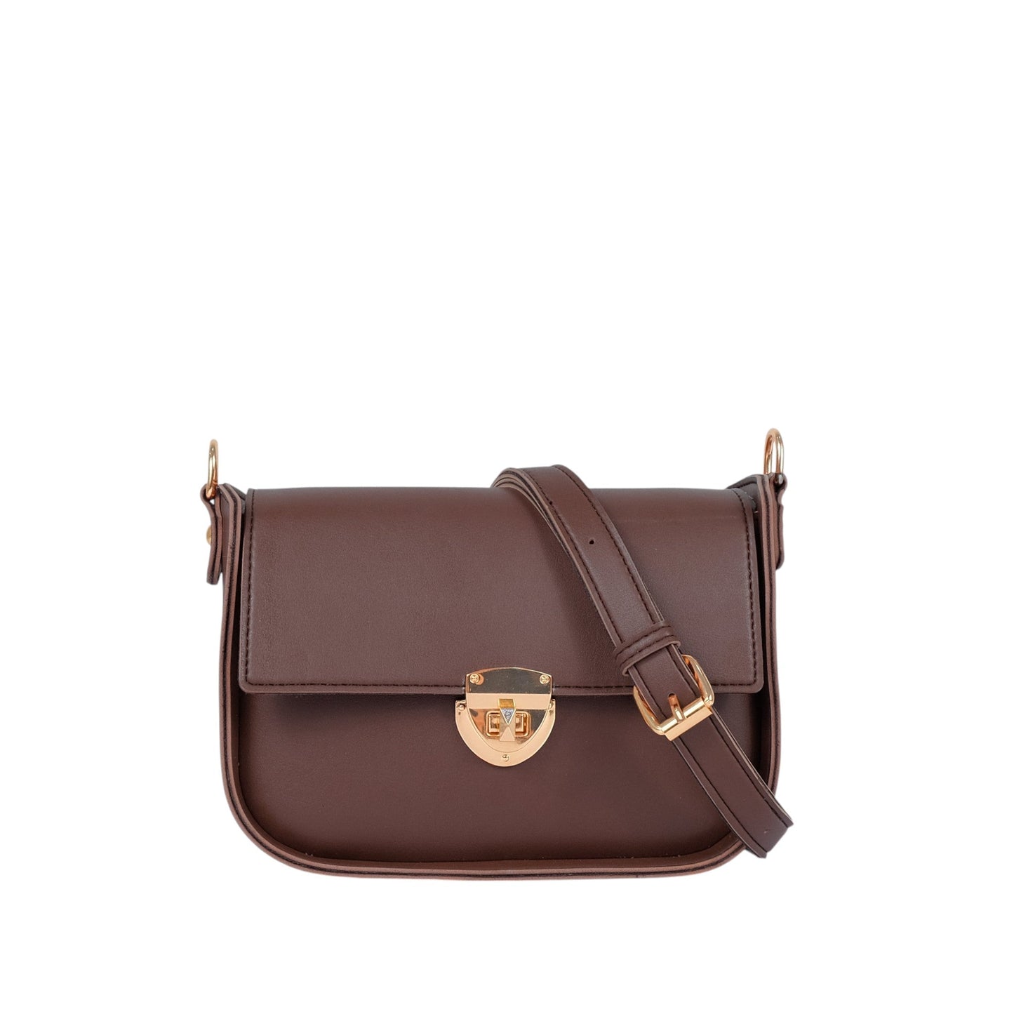 Brown Faux Leather Saddle Bag With Twist Lock