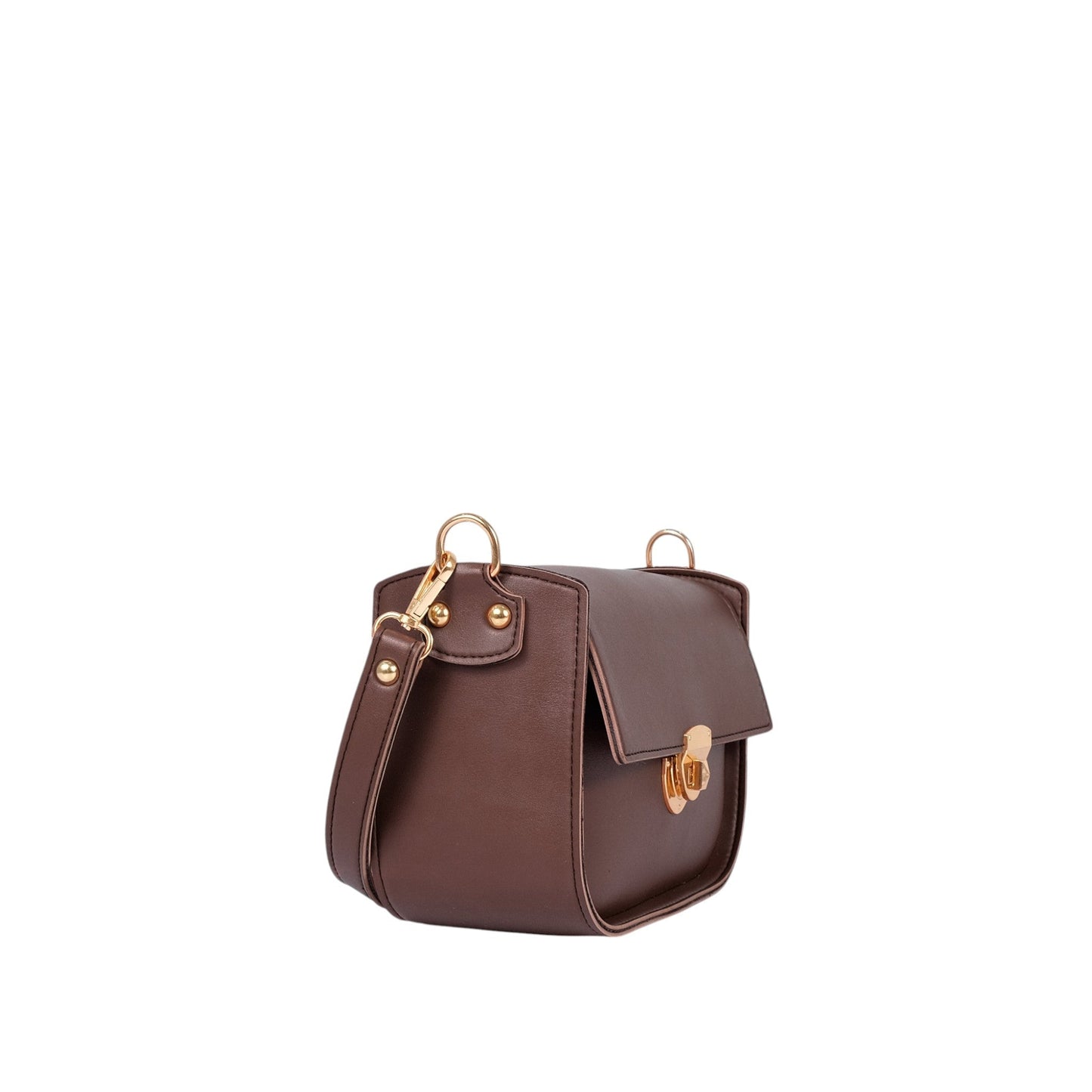 Brown Faux Leather Saddle Bag With Twist Lock