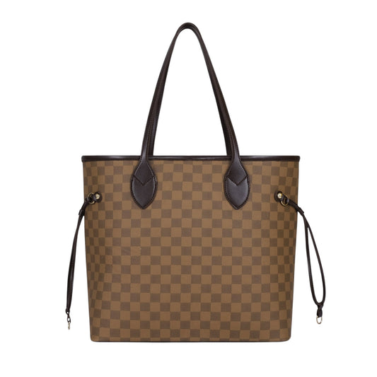 Brown Checkered Never full Tote Bag With Zipper Pocket