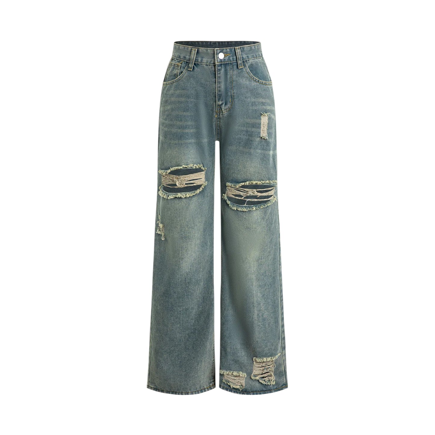 Women’s Retro Print Asymmetrical Ripped Jeans Fitted, Non-Stretch Denim