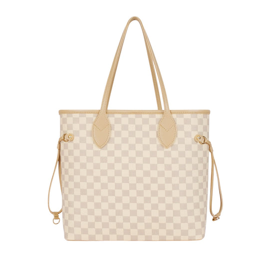 Beige Checkered Never full Tote Bag Zipper Pocket