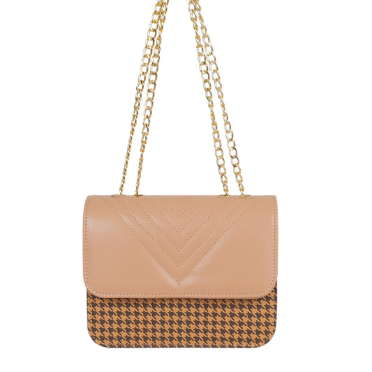 Beige Faux Leather Houndstooth Chain Cross-Body Bag