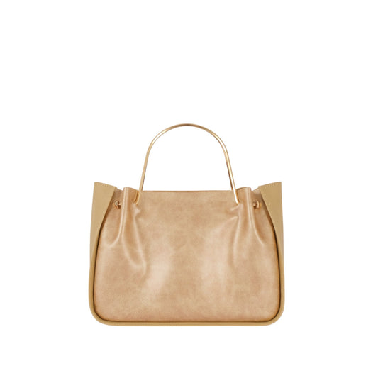 Beige Metallic Handle Shoulder Bag With Zippered Pocket
